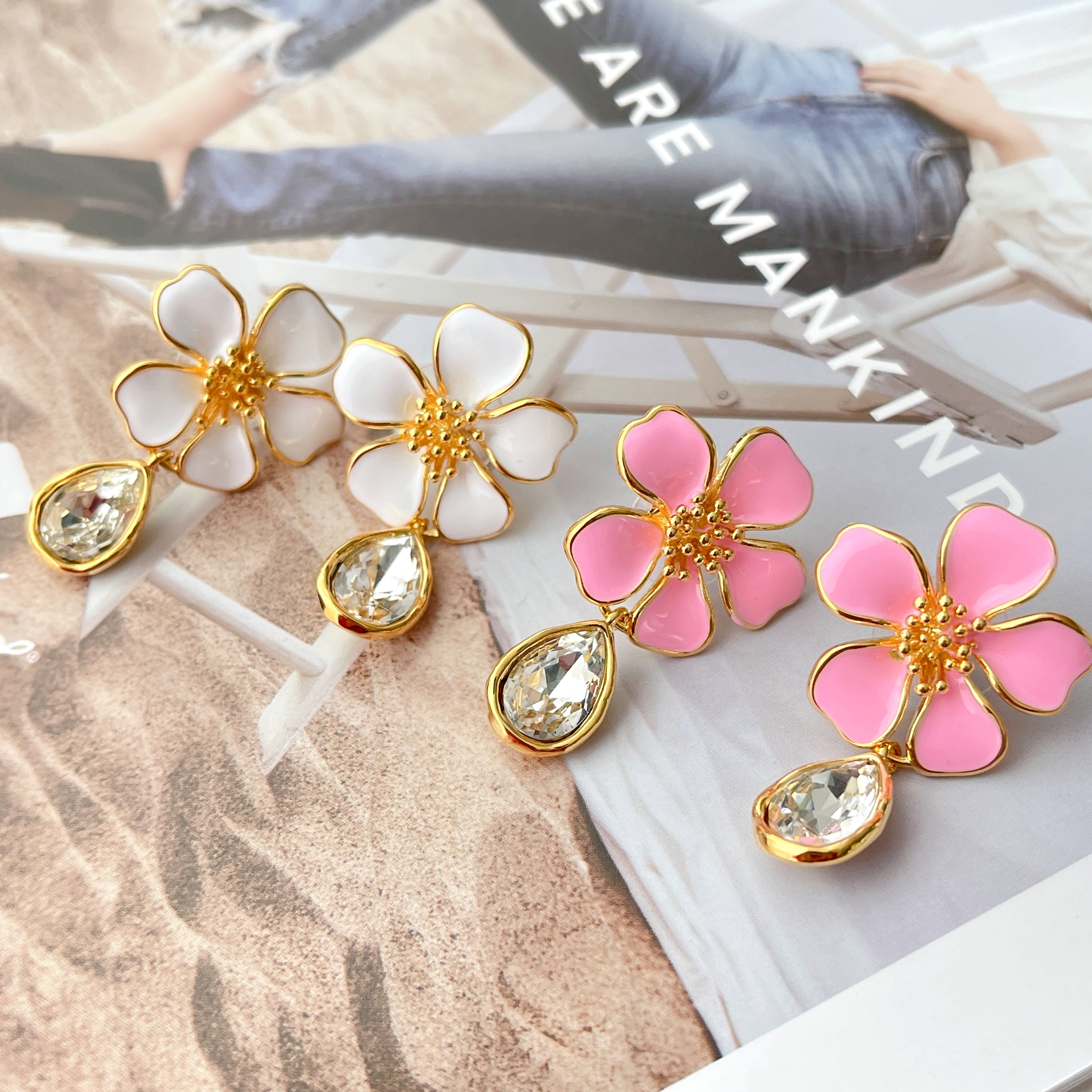 Enamel Flower Earrings With Drop Crystal
