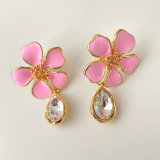 Enamel Flower Earrings With Drop Crystal
