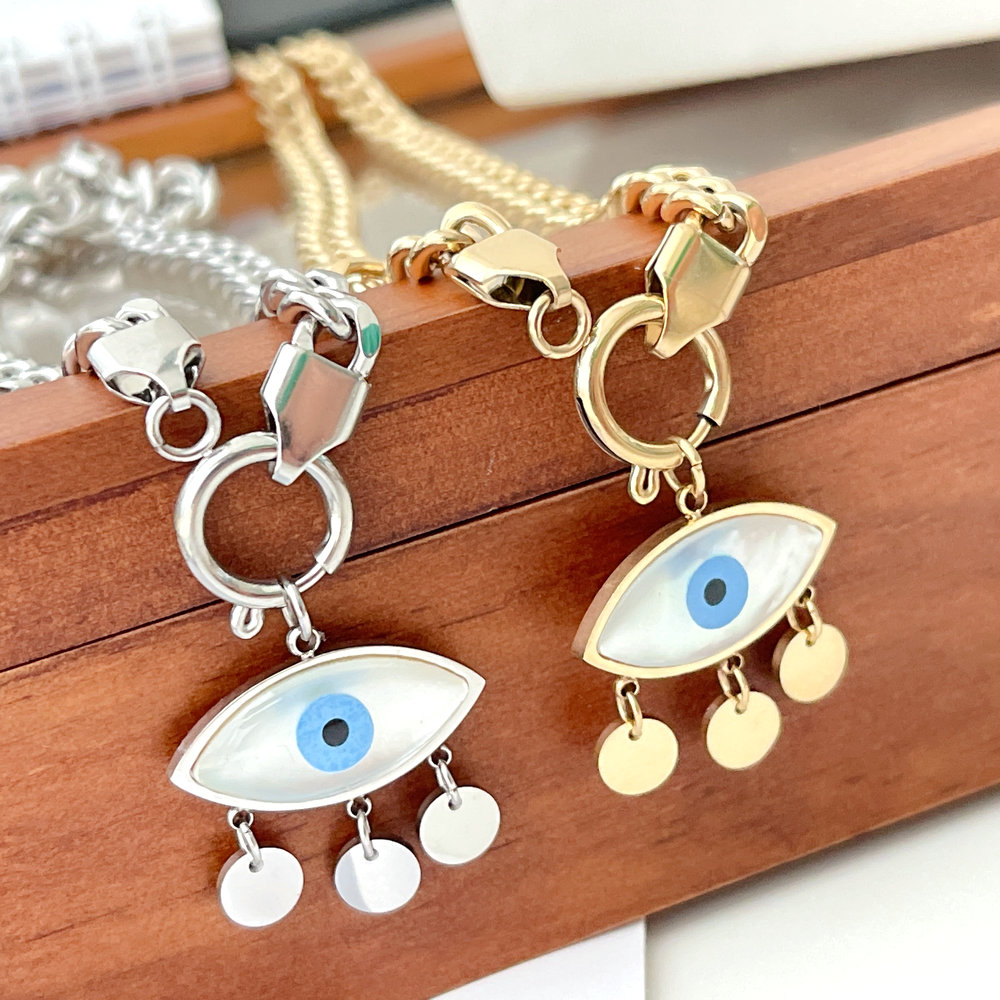 Stainless Steel Cuban Necklace With Eye Pendant