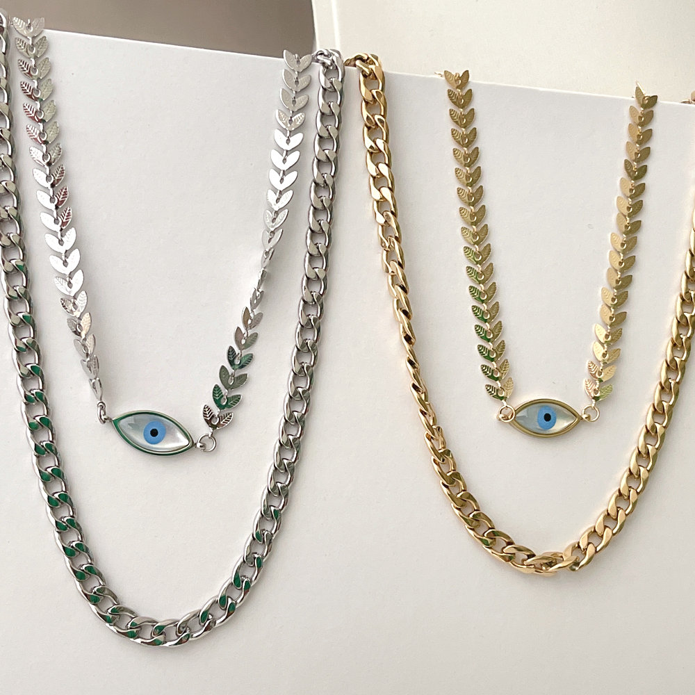 Stainless Steel Layer Cuban Chain Necklace With Eye Pendant