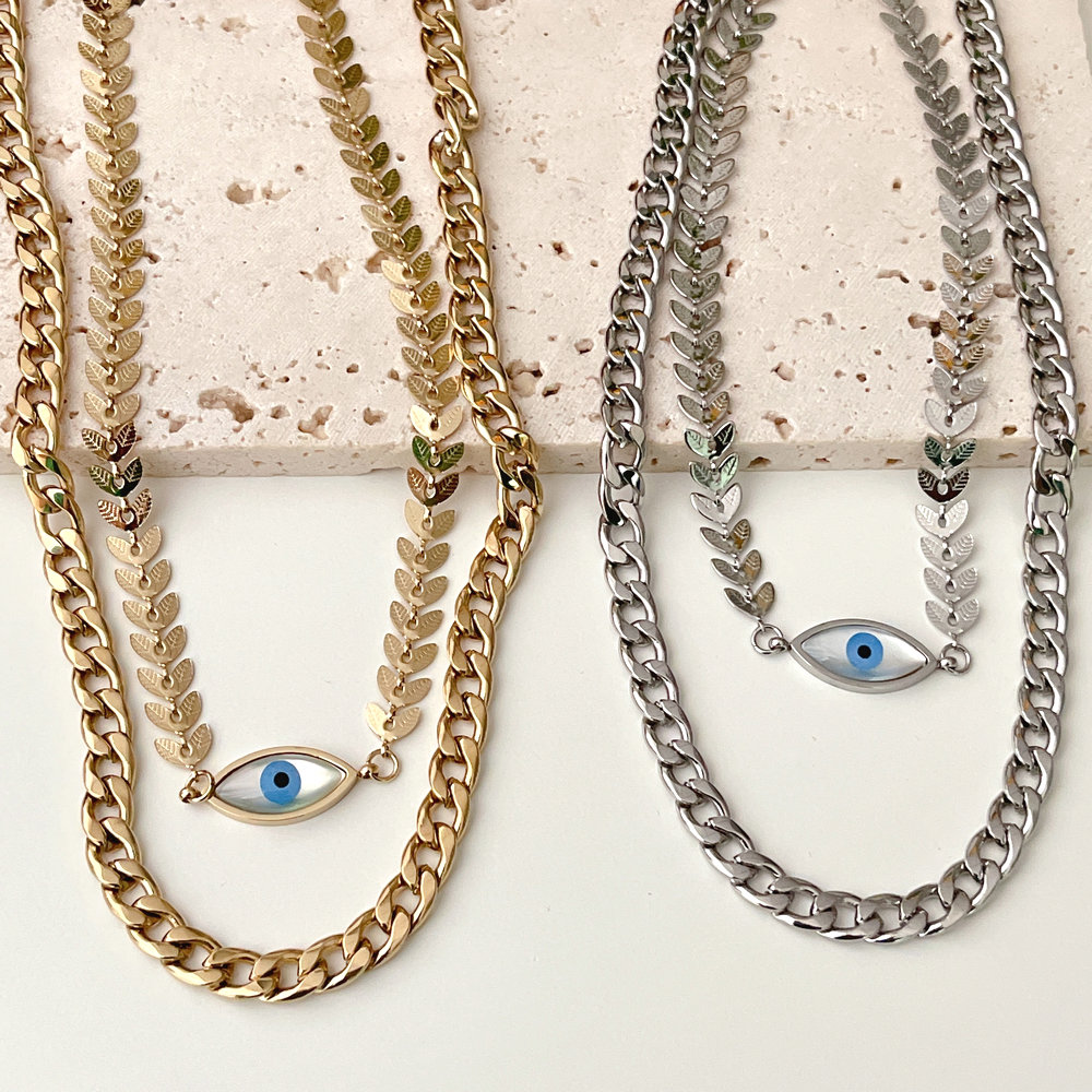 Stainless Steel Layer Cuban Chain Necklace With Eye Pendant