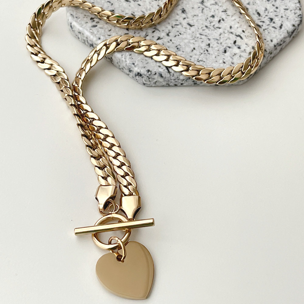 Stainless Steel Cuban Necklace With Heart Pendant