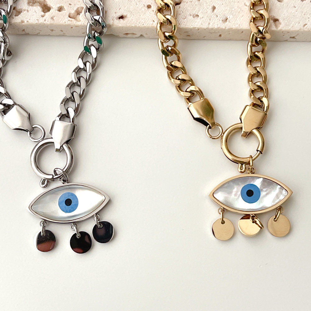 Stainless Steel Cuban Necklace With Eye Pendant