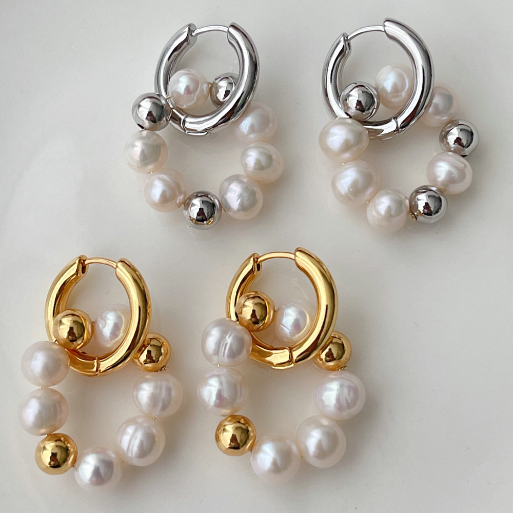 Round Fresh Water Pearl Charm Hoop Earrings CMEDYX-2399435