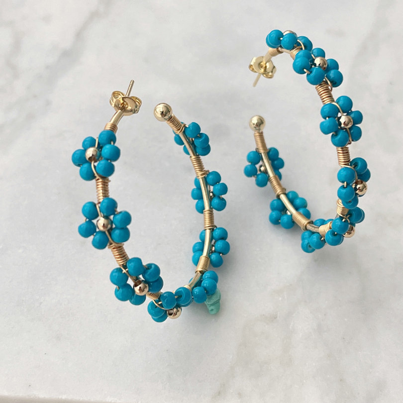 Blue Flower Hoop Earrings
