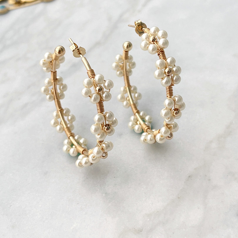White Flower Hoop Earrings