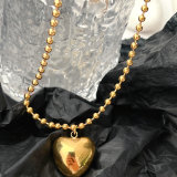 Stainless Steel Heart Charm With Gold Ball Chain Necklace