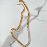 Stainless Steel Half Zircon Half Cuban Chain Necklace