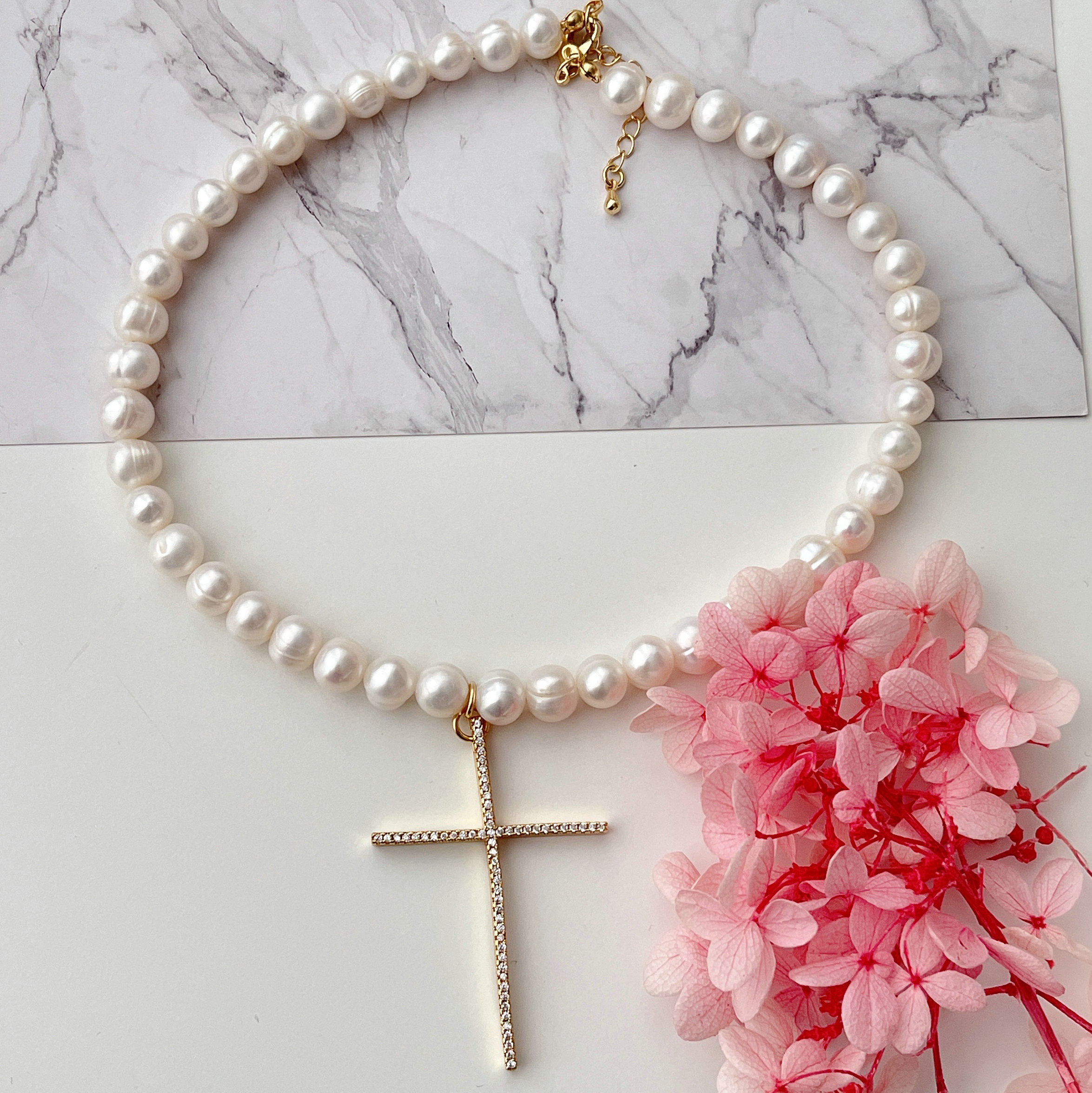Round Fresh Water Pearl Necklace With Pave Cross Pendant