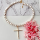 Round Fresh Water Pearl Necklace With Pave Cross Pendant