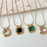 Stainless Steel Square Zircon Charm Necklace