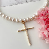 Round Fresh Water Pearl Necklace With Pave Cross Pendant