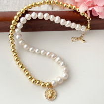 Simple Half Fresh Water Pearl Half Gold Beads Necklace