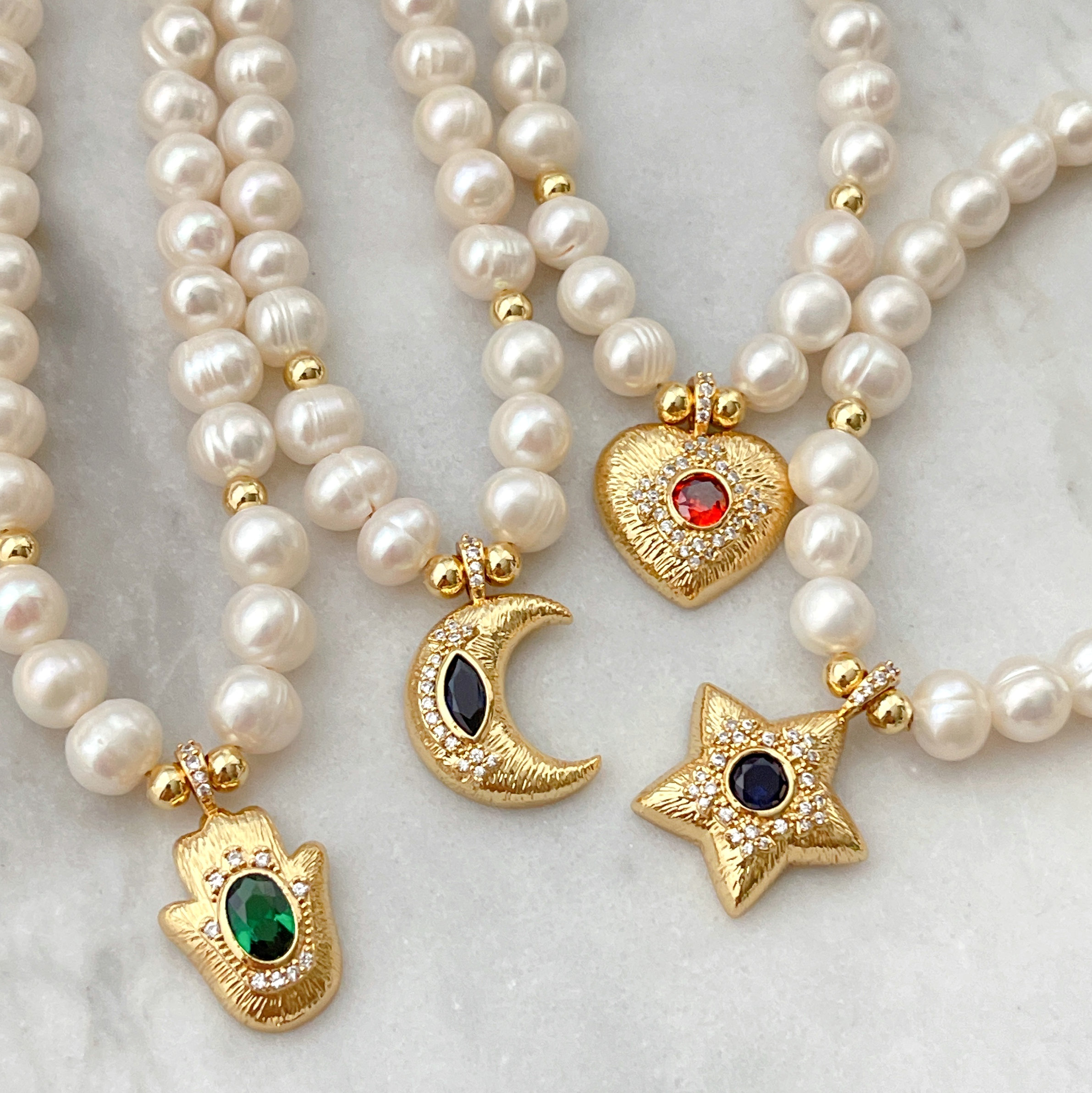 Fresh Water Pearl Necklace With Star , Heart Pendant