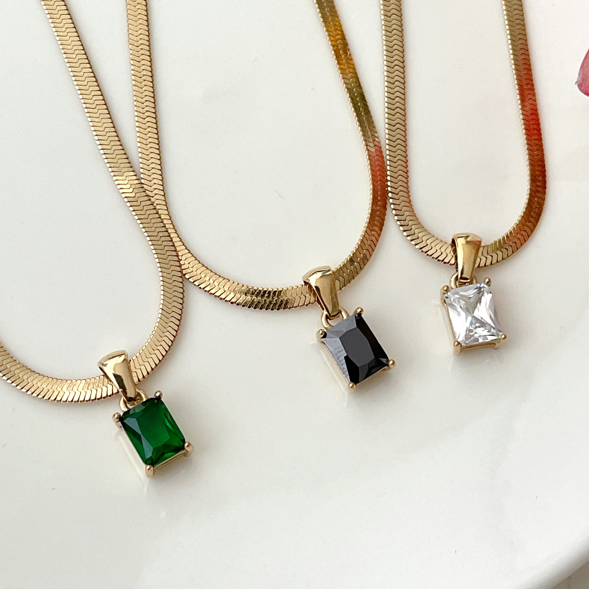 Stainless Steel Gold Herring Bone Necklace With Square Zircon Charm