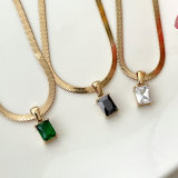 Stainless Steel Gold Herring Bone Necklace With Square Zircon Charm