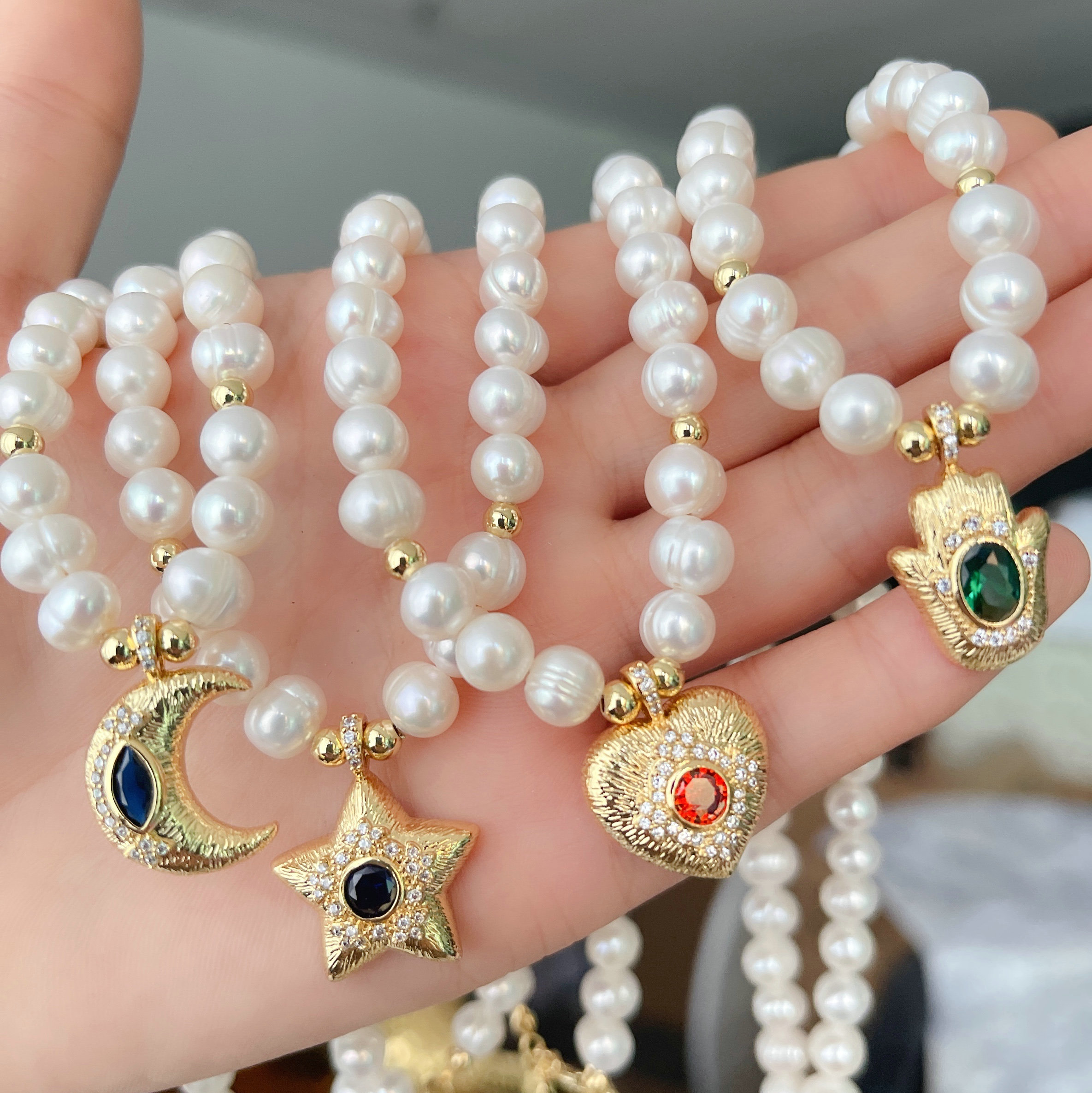 Fresh Water Pearl Necklace With Star , Heart Pendant