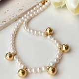 Round Pearl Necklace with Gold Ball Charm