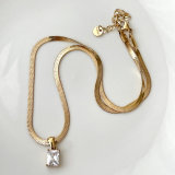 Stainless Steel Gold Herring Bone Necklace With Square Zircon Charm