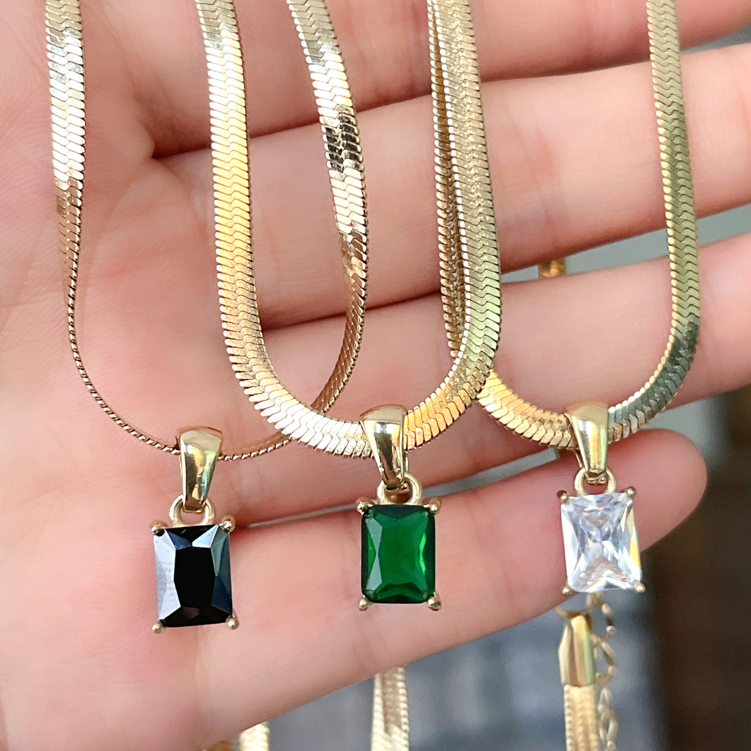 Stainless Steel Gold Herring Bone Necklace With Square Zircon Charm