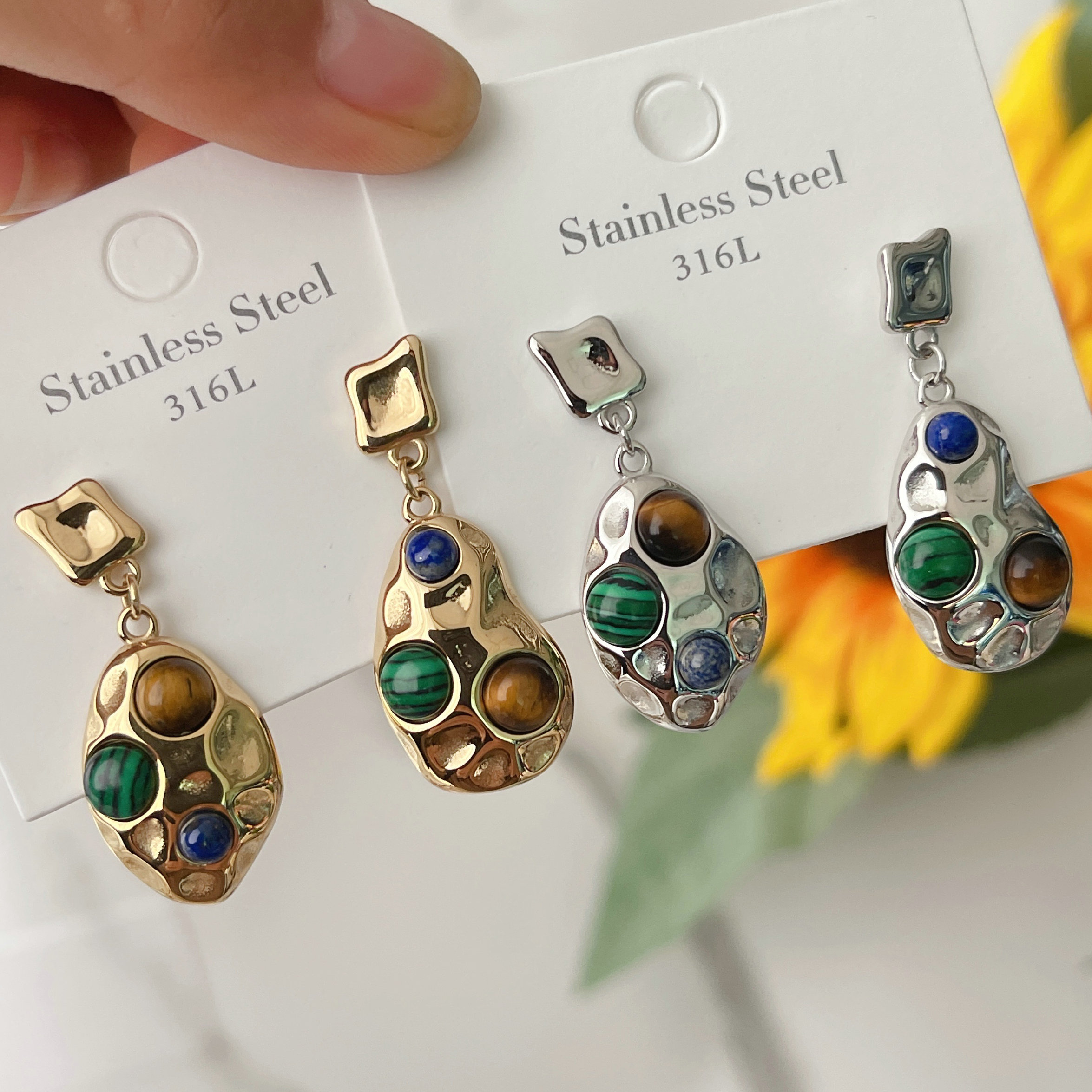 Stainless Steel Gemstone Drop Earrings