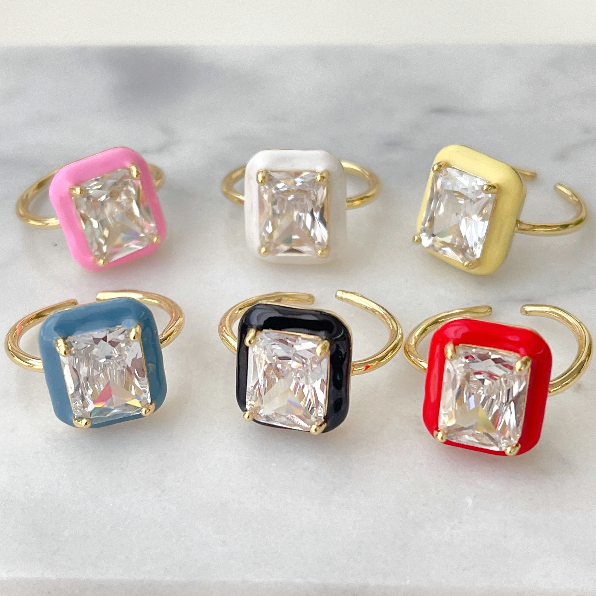 Enamel square large zircon ring
