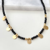 Stainless Steel Round Charm Black Beaded Necklace
