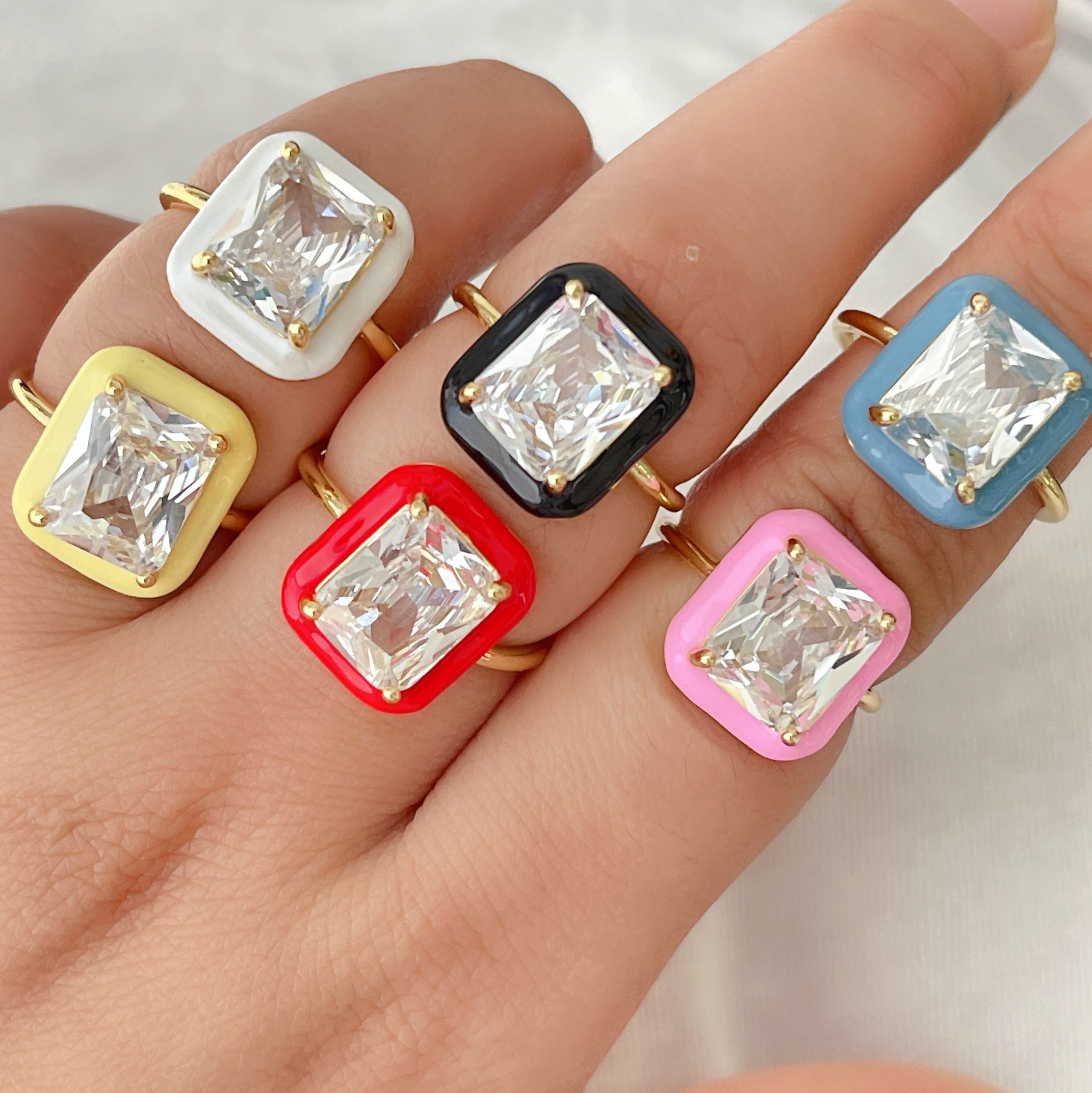 Enamel square large zircon ring