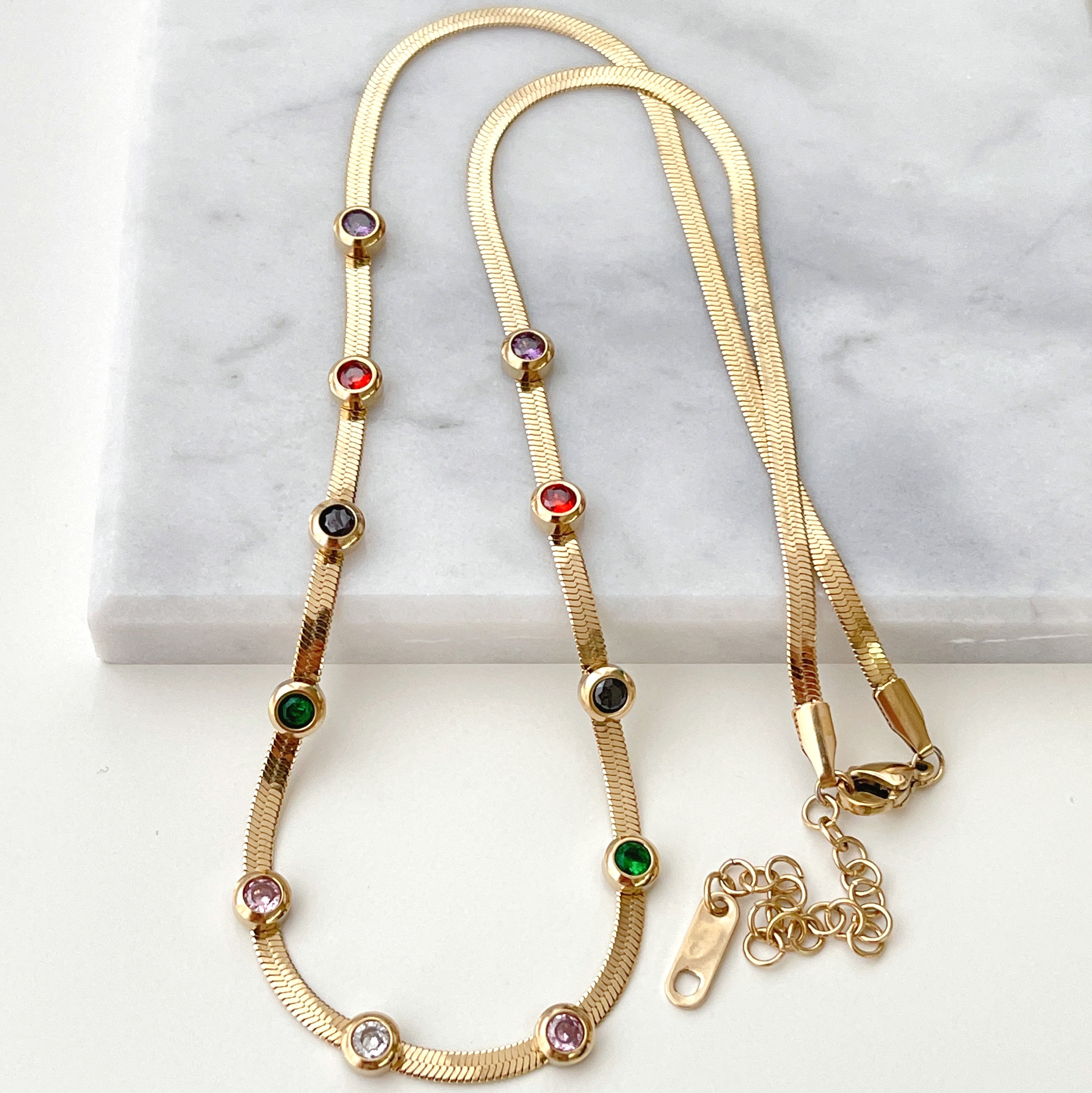 Stainless Steel Gold Herring Bone Round Zircon Necklace
