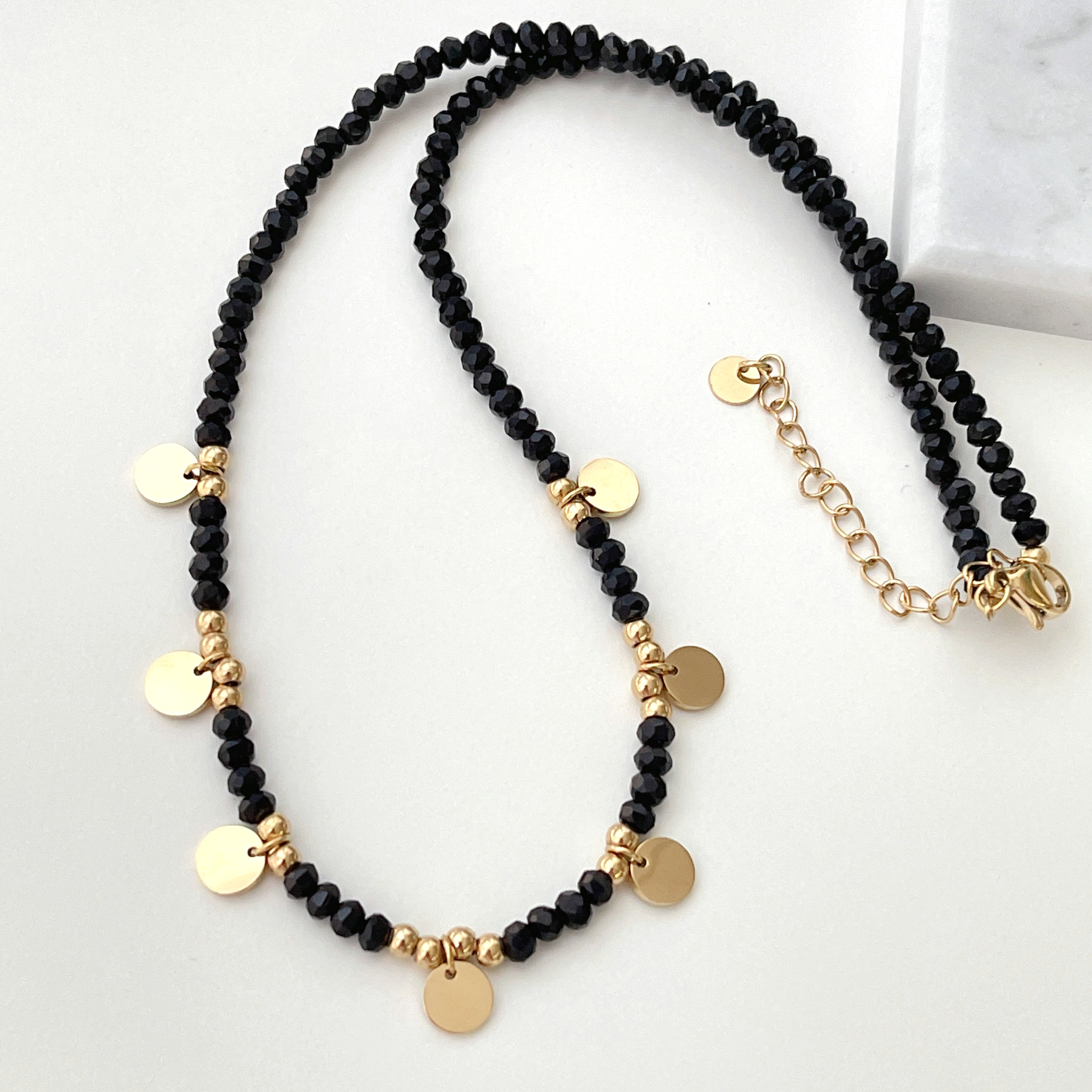 Stainless Steel Round Charm Black Beaded Necklace
