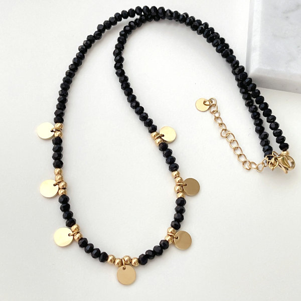 Stainless Steel Round Charm Black Beaded Necklace
