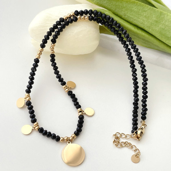 Stainless Steel Round Charm Black Beaded Necklace