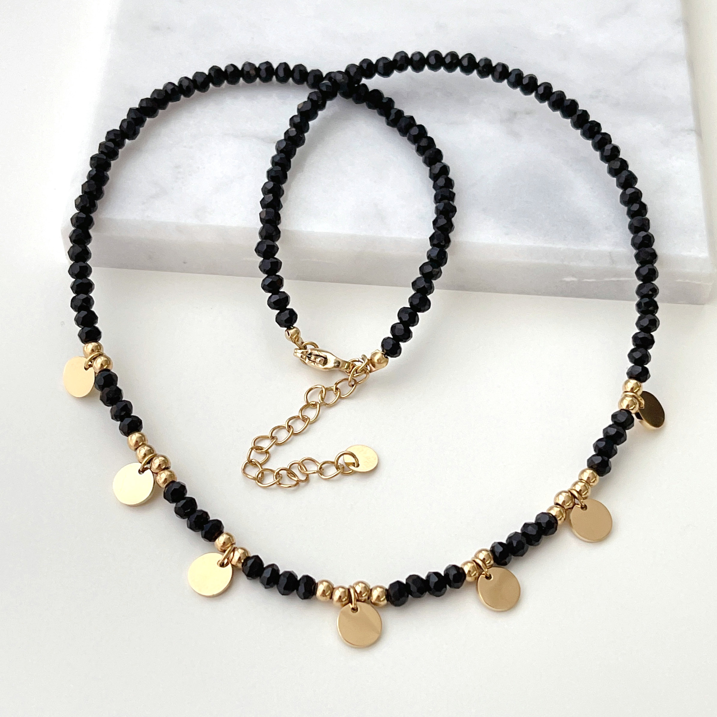 Stainless Steel Round Charm Black Beaded Necklace