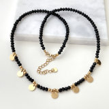 Stainless Steel Round Charm Black Beaded Necklace