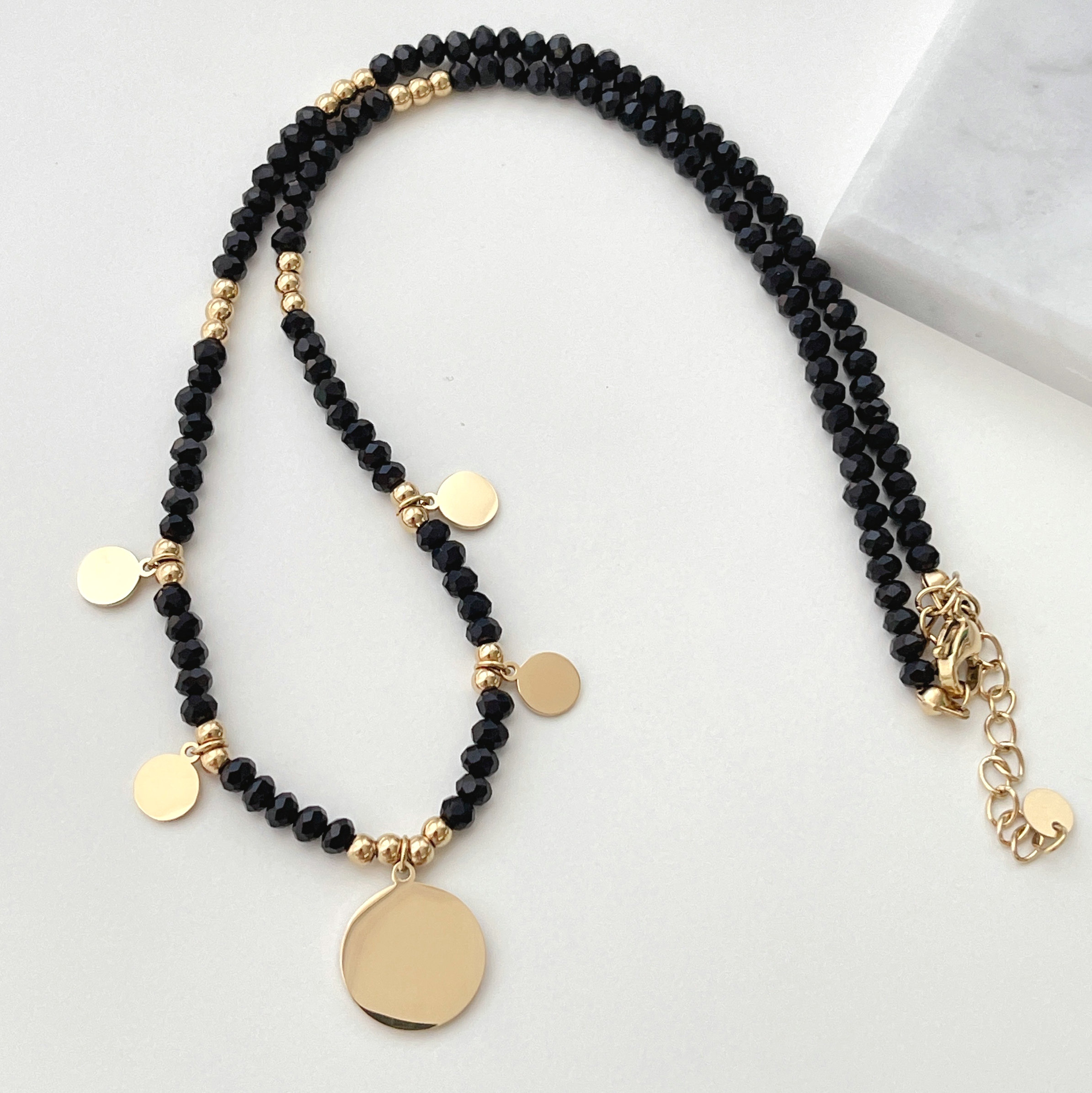 Stainless Steel Round Charm Black Beaded Necklace