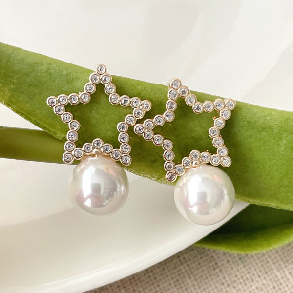Pave Star With Round Shell Pearl Earrings