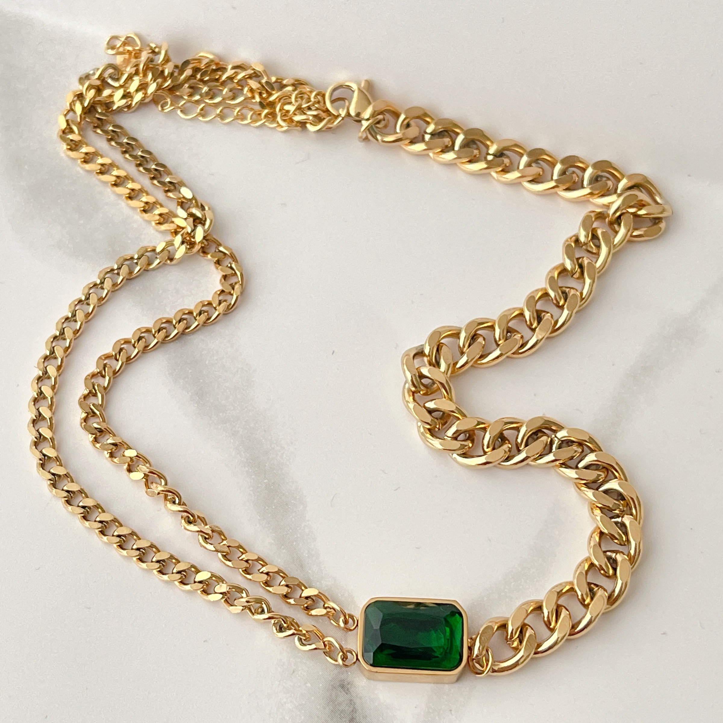 Stainless Steel Green Cuban Chain Necklace