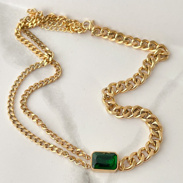 Stainless Steel Green Cuban Chain Necklace