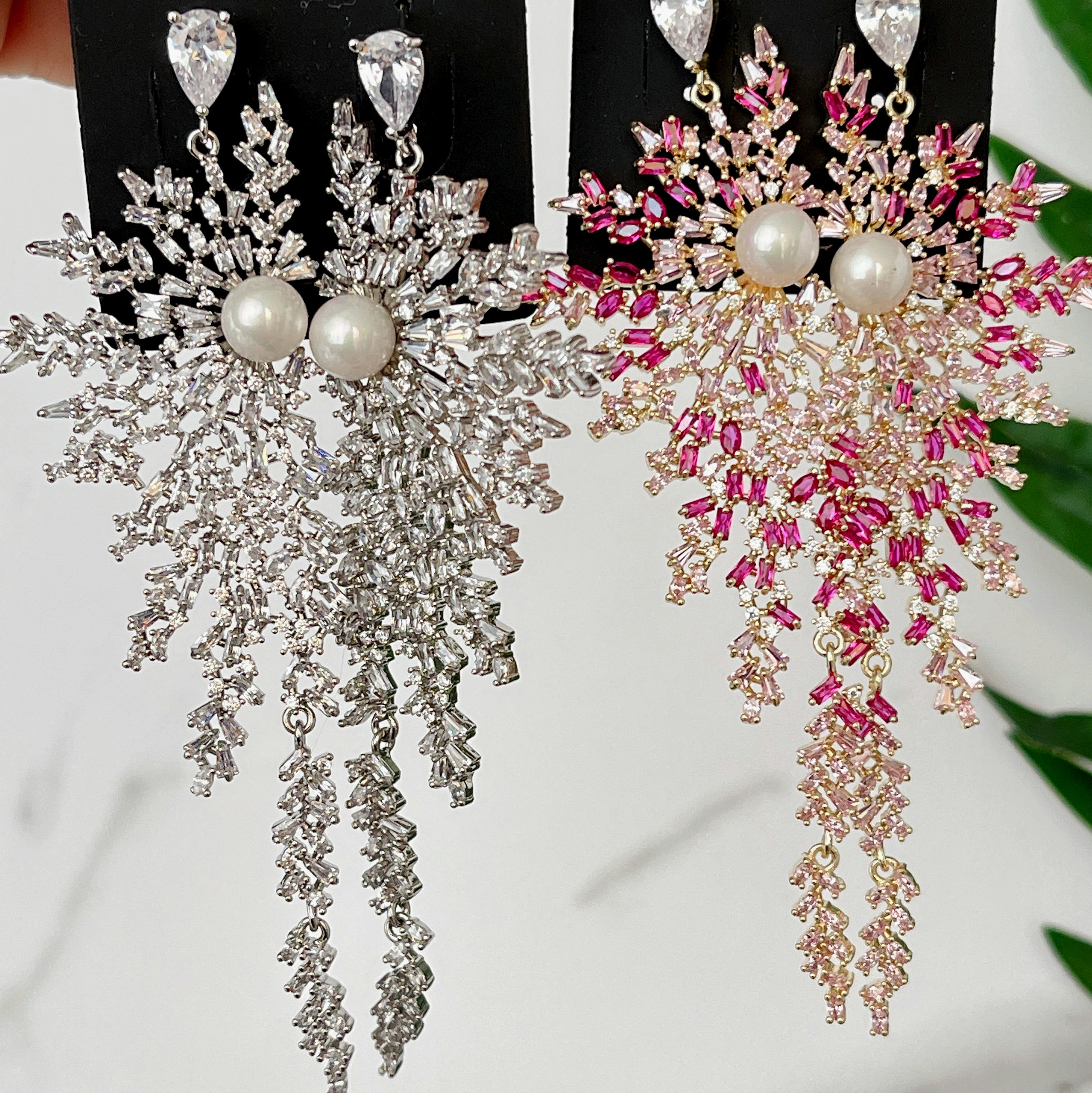 Pave Zircon Long Flower Fine Earrings