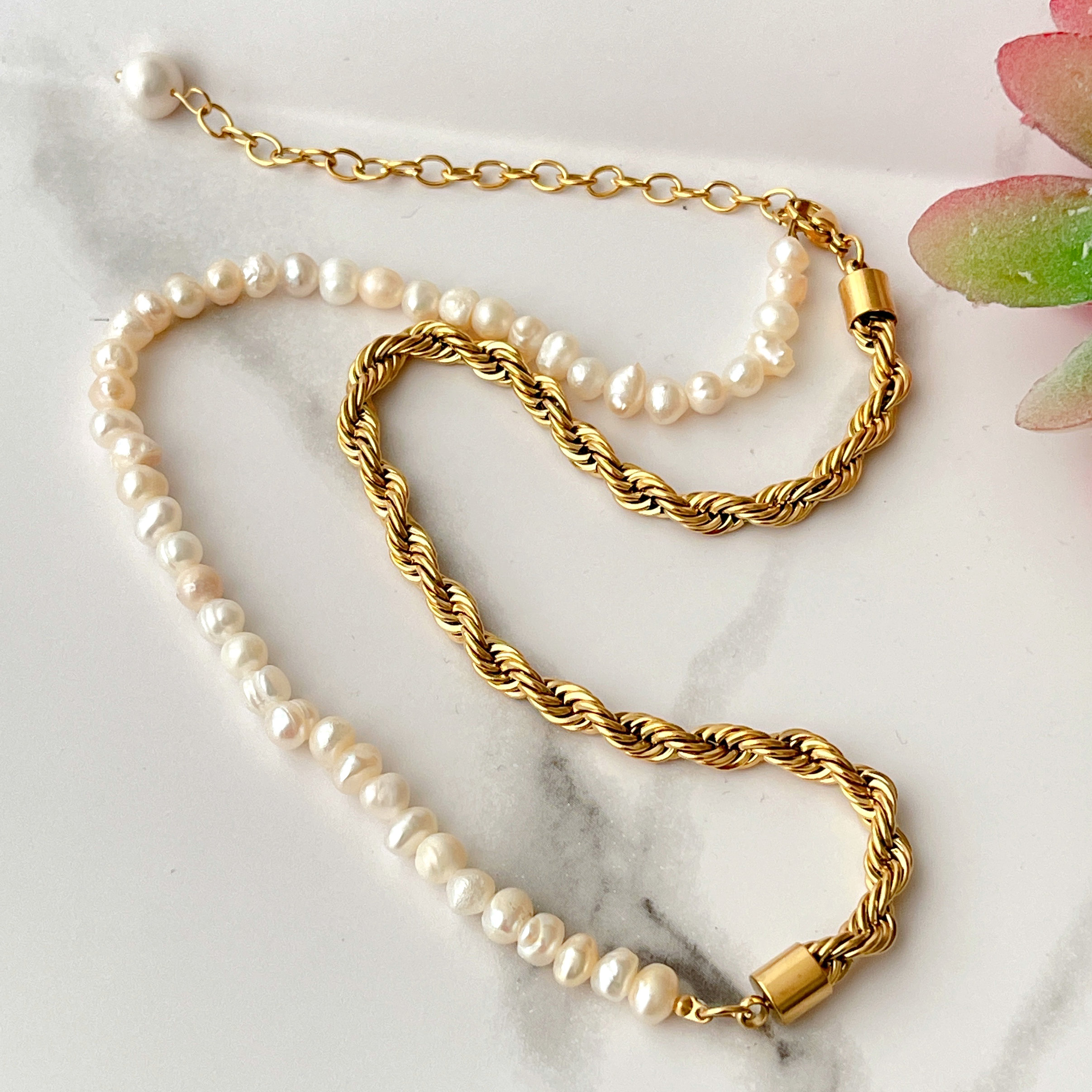 Stainless Steel Half Pearl Half Chain Necklace
