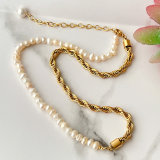 Stainless Steel Half Pearl Half Chain Necklace