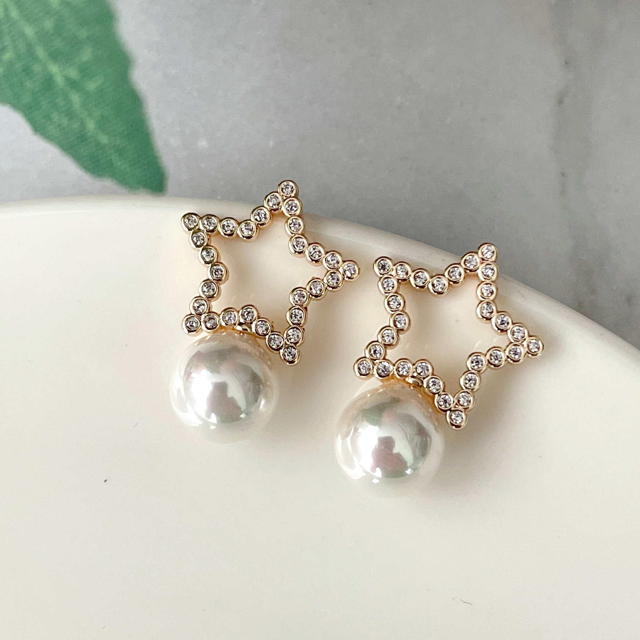Pave Star With Round Shell Pearl Earrings