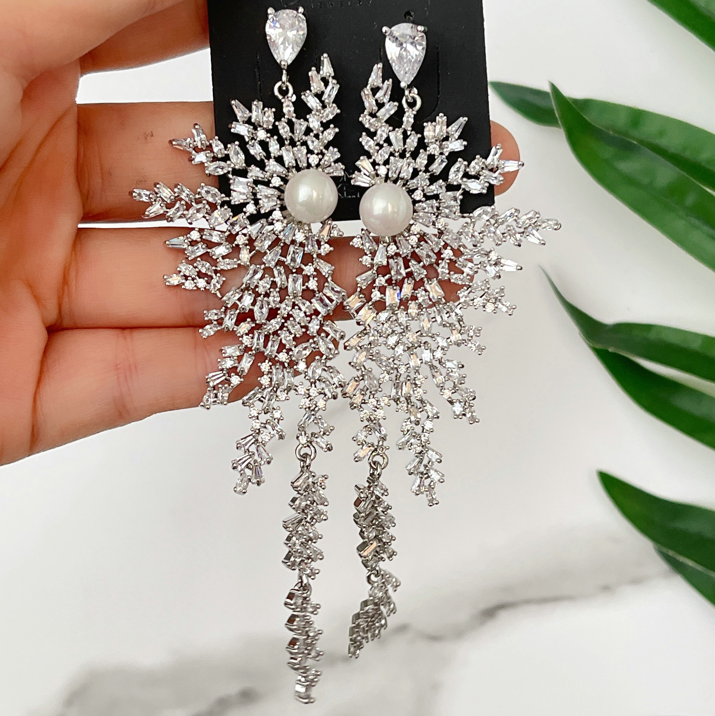 Pave Zircon Long Flower Fine Earrings