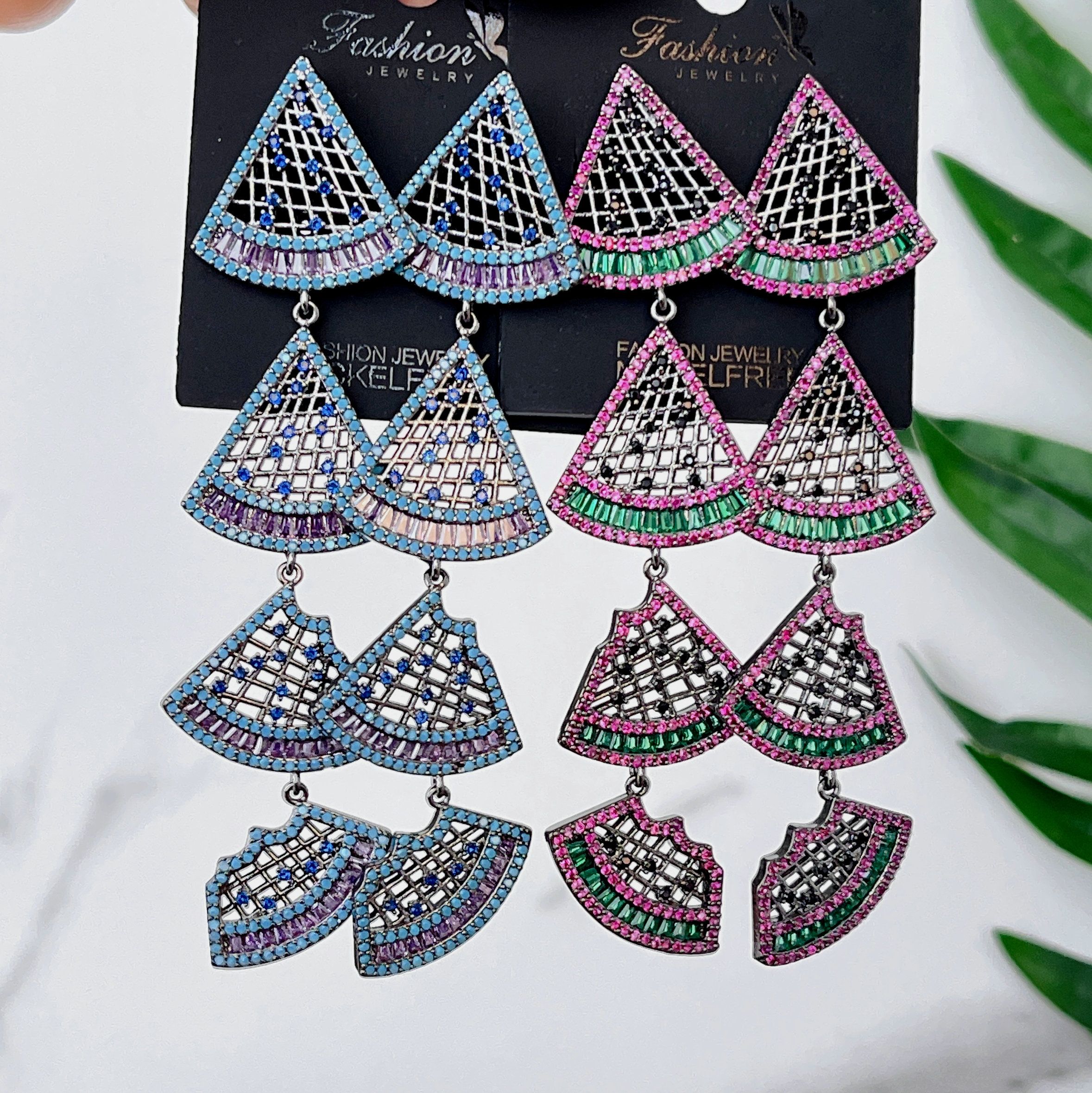 Pave Zircon  Long fan Earrings