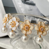 Enamel Flower Pearl Drop Earrings CMEADL-2426409