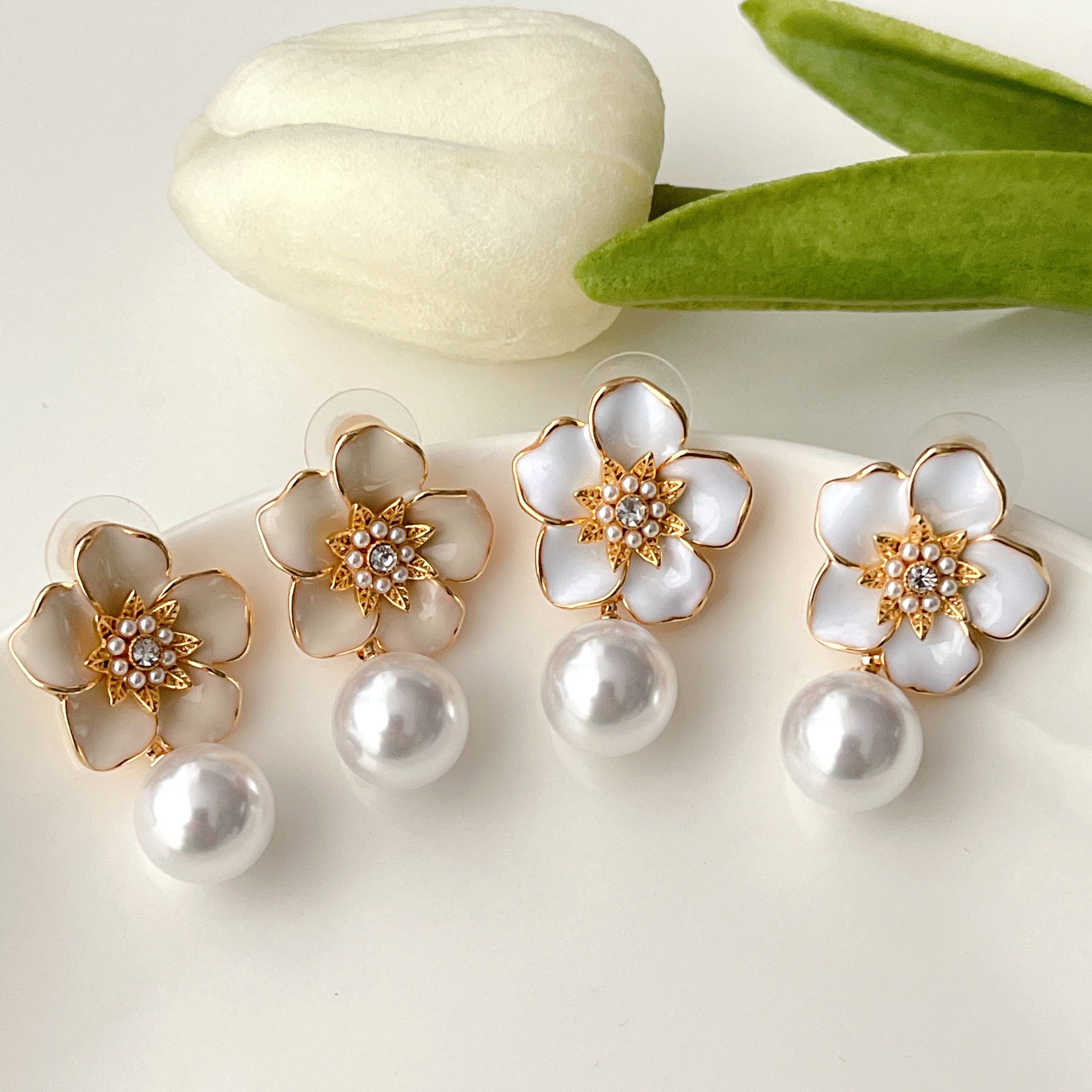 Enamel Flower Pearl Drop Earrings CMEADL-2426409