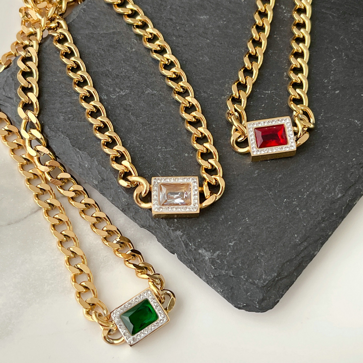 316 Stainless Steel Stone Cuban Chain Necklace