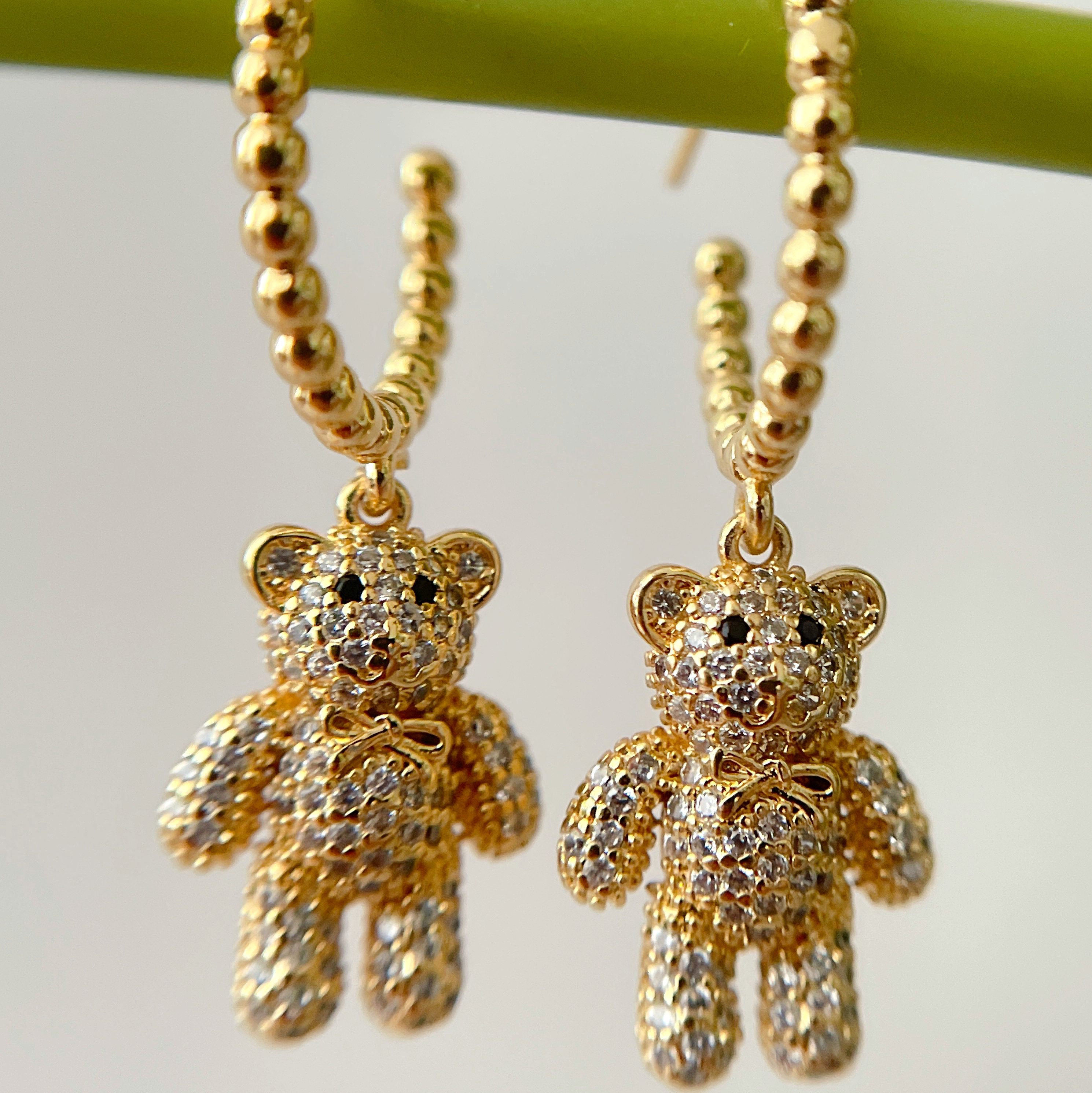 Gold Beaded Hoop Earrings With Bear pendant