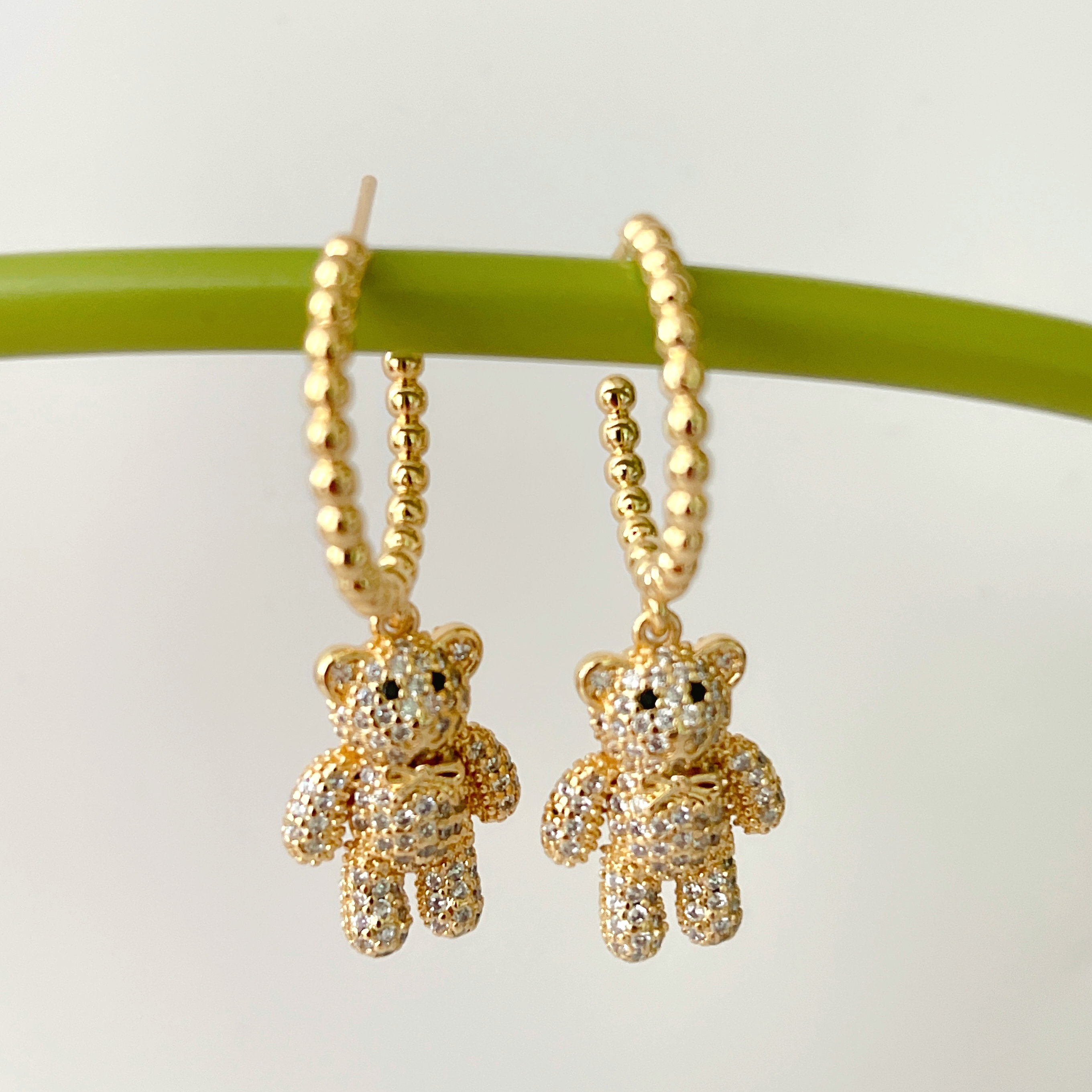 Gold Beaded Hoop Earrings With Bear pendant