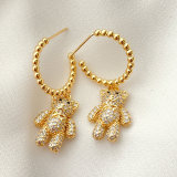 Gold Beaded Hoop Earrings With Bear pendant